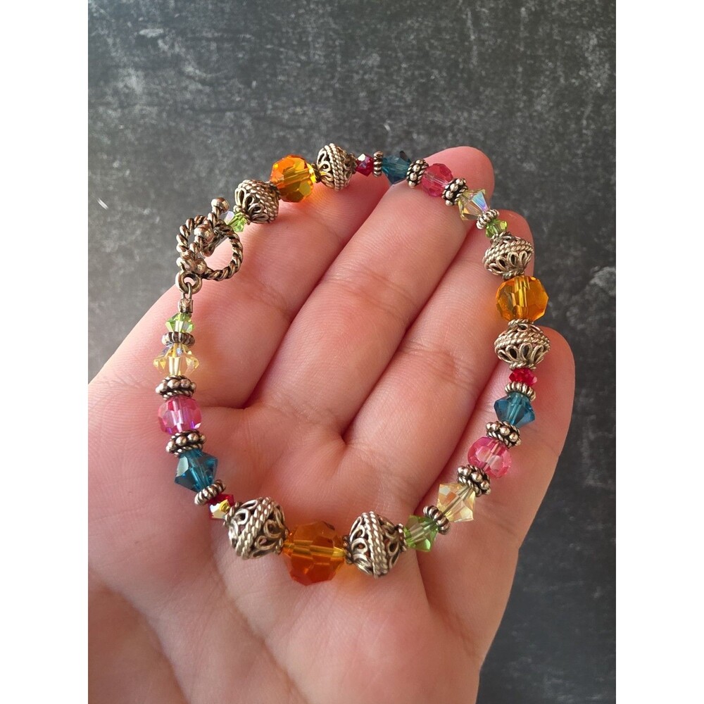 Multicolored Crystal & Silver Tone Metal Beaded Bracelet Toggle Clasp Vintage